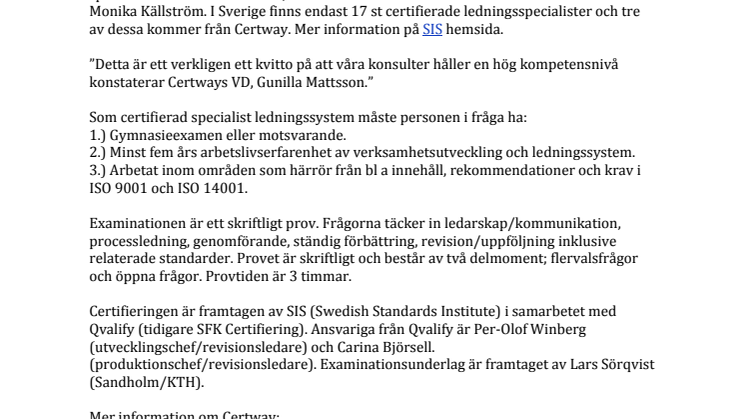 Sofia Rosenkvist Wittsell - Certways senast certifierade ledningsspecialist