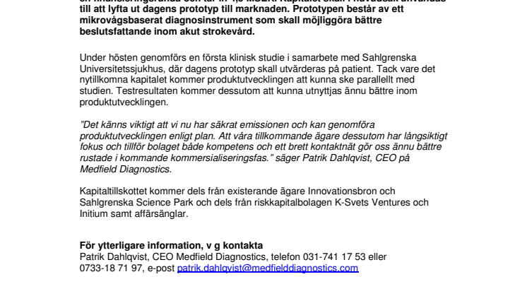 Medfield Diagnostics tillförs nytt ägarkapital för utveckling av instrument för tidig strokediagnostik