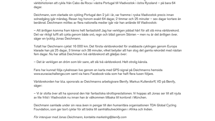 Benifys Jonas Deichmann slår två Guinness världsrekord på cykel på imponerande 64 dagar