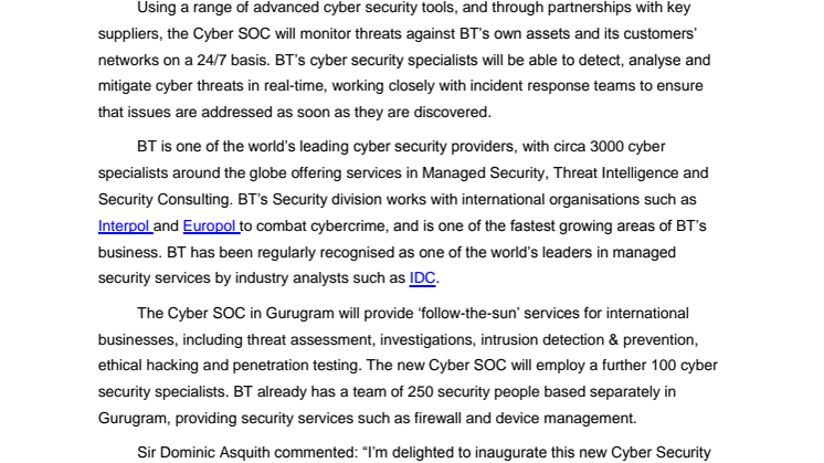 BT opens new global Cyber Security Operations Centre in India