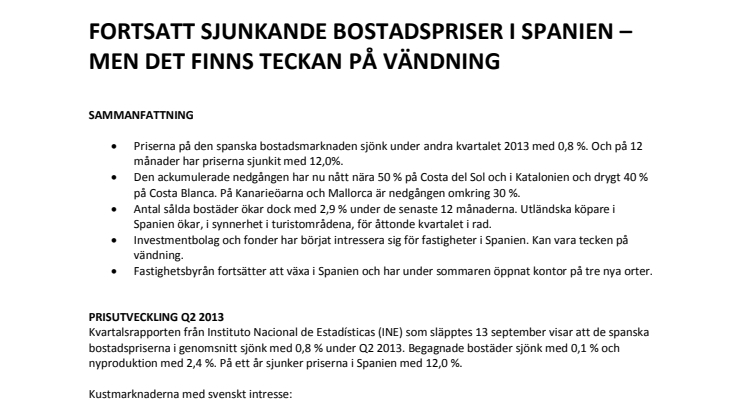 Bostadsmarknadsanalys Spanien: FORTSATT SJUNKANDE BOSTADSPRISER I SPANIEN – MEN DET FINNS TECKEN PÅ VÄNDNING