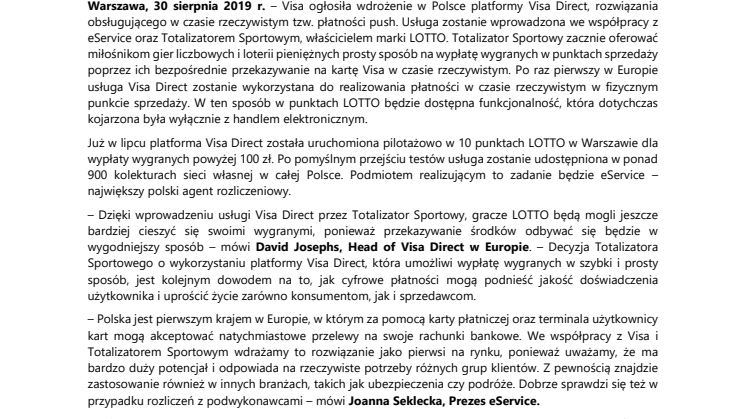 Visa Direct posłuży wypłacie wygranych na kartę w czasie rzeczywistym w punktach sprzedaży LOTTO