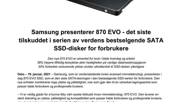 Samsung presenterer 870 EVO - det nyeste tilskuddet i serien av verdens bestselgende SATA SSD-disker for forbrukere
