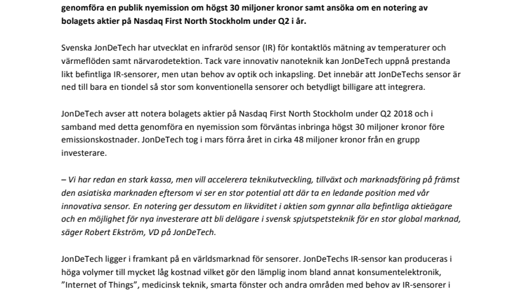 IR-sensorutvecklaren JonDeTech siktar på notering på Nasdaq First North