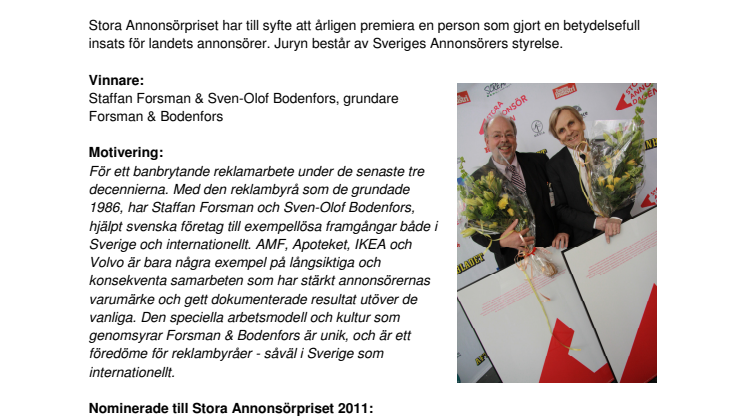 Stora Annonsördagen 2011: Forsman & Bodenfors tar hem Stora Annonsörpriset 2011 