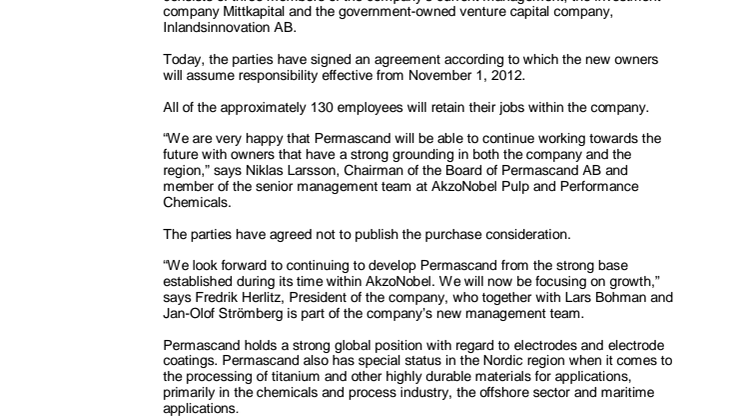 Press release: AkzoNobel sells Permascand AB