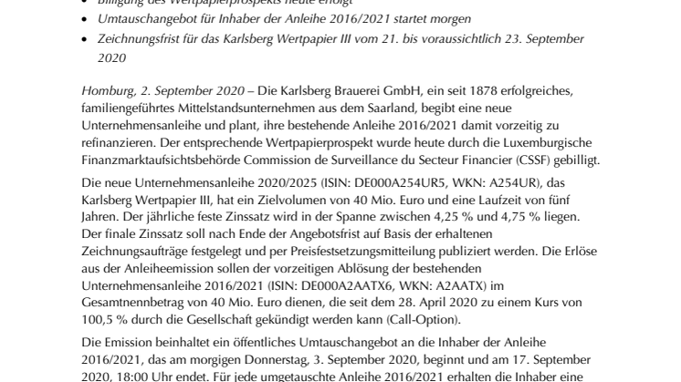 Karlsberg Brauerei GmbH begibt neue Unternehmensanleihe und plant vorzeitige Refinanzierung der Anleihe 2016/2021