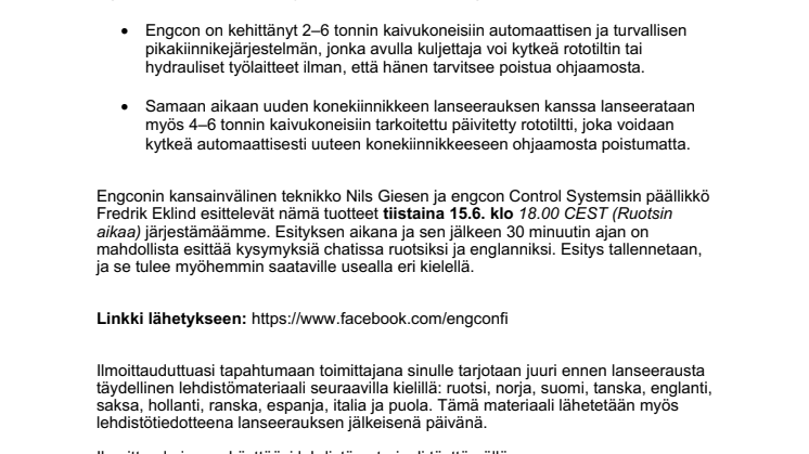Lehdistökutsu: Engcon lanseeraa kaksi tehokkuutta