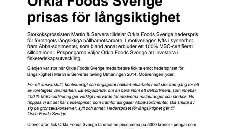 Orkla Foods Sverige prisas för långsiktighet