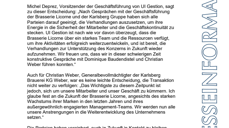 UI Gestion und Karlsberg setzen Verhandlungen über Verkauf der Licorne Gruppe aus
