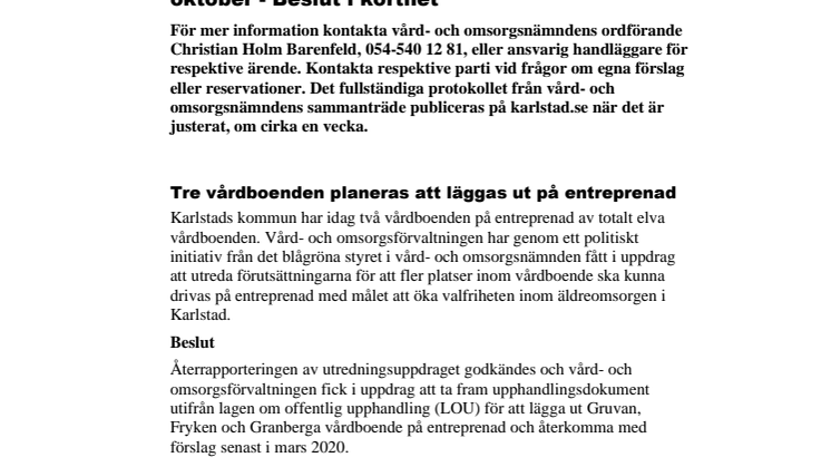 Vård- och omsorgsnämndens beslut i korthet 16 oktober