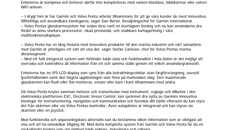 Garmin® och Volvo Penta fortsätter sitt samarbete och uppdaterar glasskärmssystemet med nya GPSMAP 8600 multifunktionsdisplayer