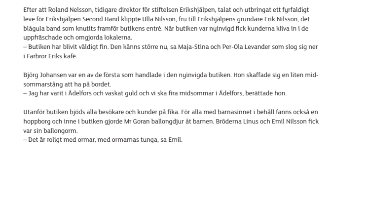 25-årsfirande när Erikshjälpen Second Hand Vetlanda nyinvigdes