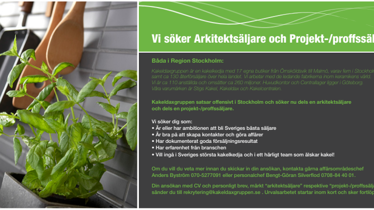 KakeldaxGruppen söker kakelbranschens bästa säljare i Stockholm