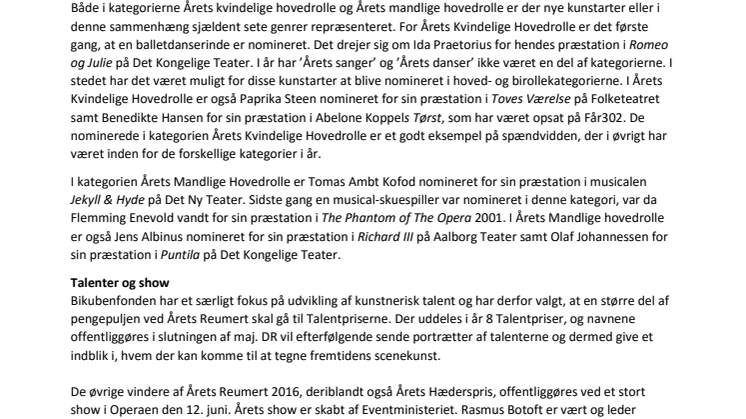 De nominerede til Årets Reumert 2016 er fundet