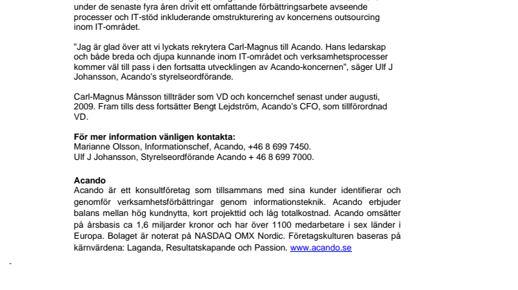 Carl-Magnus Månsson utsedd till ny VD och koncernchef i Acando AB