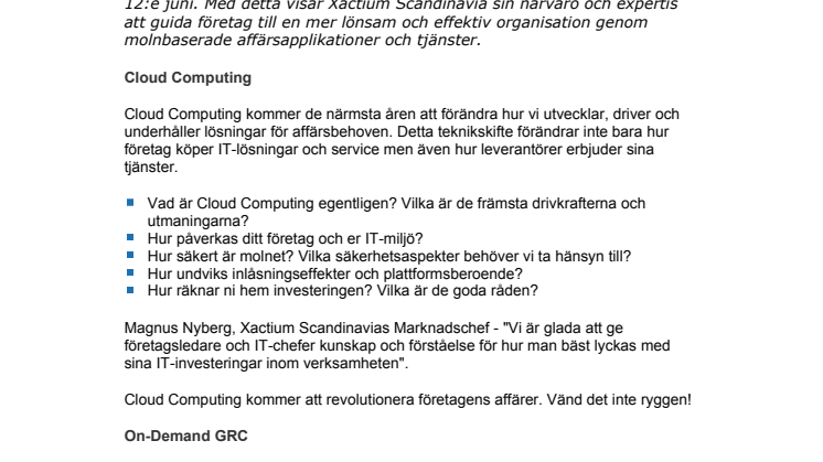 Xactium utvalda deltagare i expertpanelen för tematidningen Cloud Computing i Computer Sweden