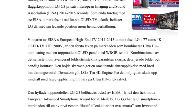LG:s OLED-TV PRISAS AV EISA FÖR TREDJE ÅRET I RAD OCH LG G3 UTSES TILL ”ADVANCED SMARTPHONE 2014-2015”