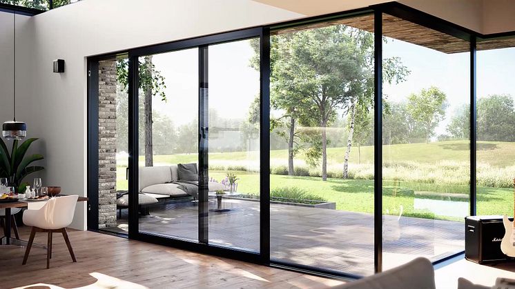 La solution de fenêtres de grande surface avec le système levant-coulissant MasterPatio de Reynaers allie des valeurs d'isolation élevées à une transparence maximale - pour une vue panoramique ininterrompue sur le paysage environnant. © Reynaers 