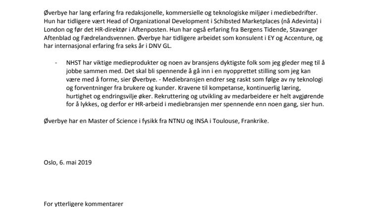 Ny konserndirektør HR & Kommunikasjon i NHST Media Group AS