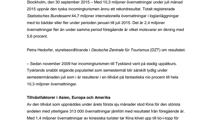 Nytt rekord för reselandet Tyskland: Fler än tio miljoner utländska övernattningar under en månad