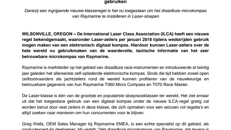Raymarine: Laser-zeilers kunnen voortaan het hoogwaardige microkompas van Raymarine gebruiken