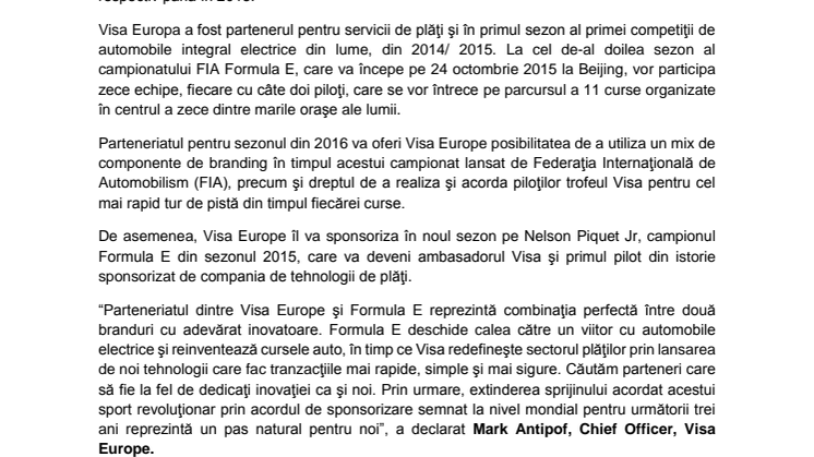 Visa Europe devine partener oficial al campionatului mondial de monoposturi electrice - FIA Formula E – pentru următoarele trei sezoane 