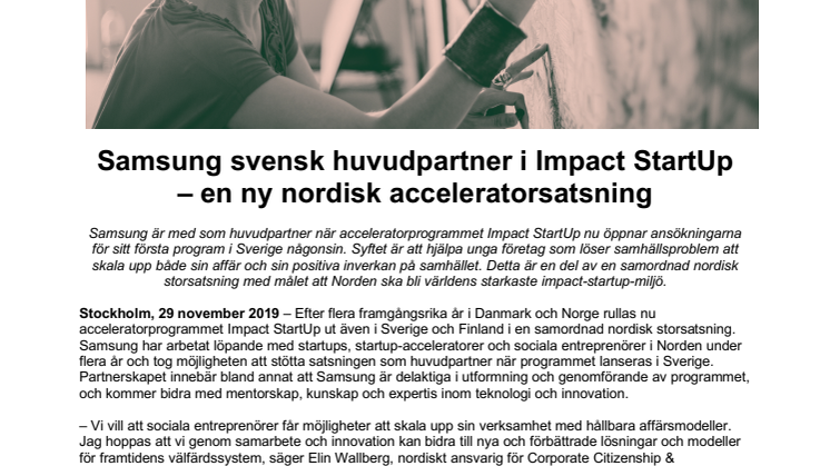 Samsung svensk huvudpartner i Impact StartUp  – en ny nordisk acceleratorsatsning