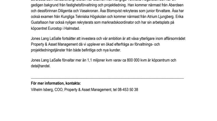 Jones Lang LaSalle rekryterar inom förvaltning