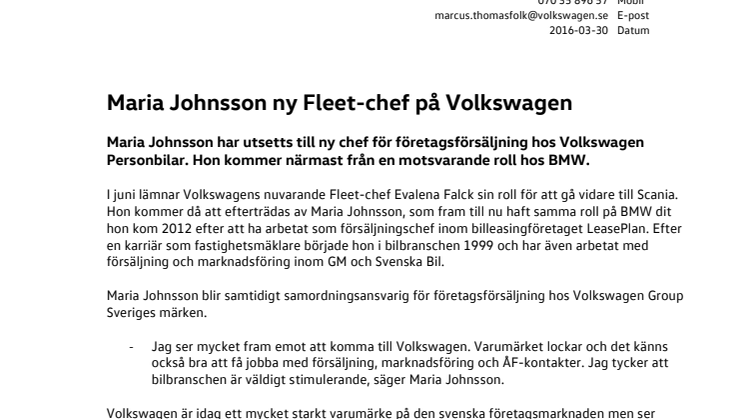 Maria Johnsson ny Fleet-chef på Volkswagen