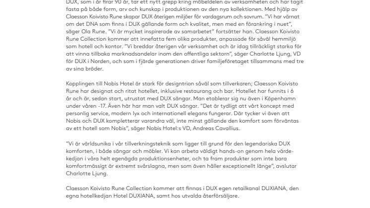 DUX i samarbete med Claesson Koivisto Rune presenteras på Nobis Hotel