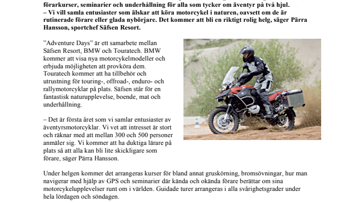 Adventure Days på Säfsen Resort, 12 – 14 juni, i samarbete med BMW och Touratech