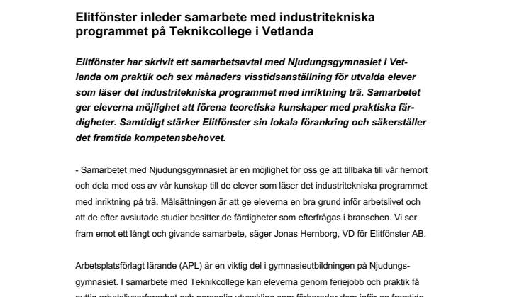 Elitfönster inleder samarbete med industritekniska programmet på Teknikcollege i Vetlanda