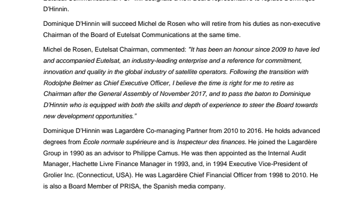 Evolution of the governance of Eutelsat Communications