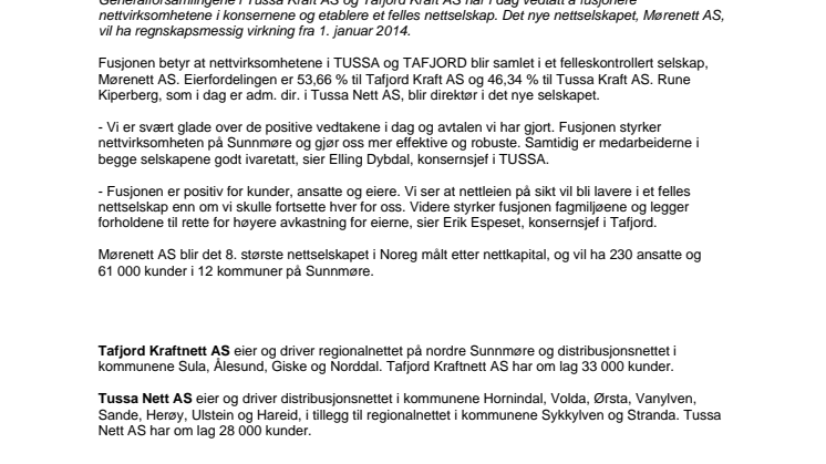 Sammenslåing av nettvirksomhetene i TUSSA og TAFJORD