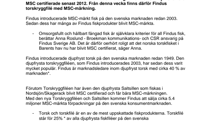 Findus torskryggfilé nu MSC-märkt/miljömärkt