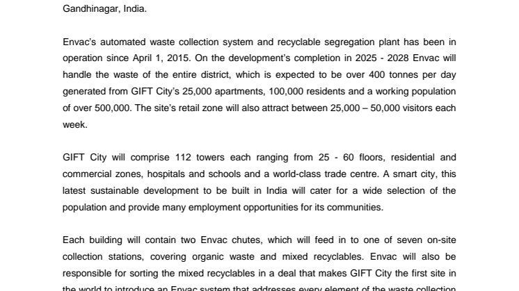 ENVAC DELIVERS ‘WORLD FIRST’ IN INDIA’S FLAGSHIP SMART CITY