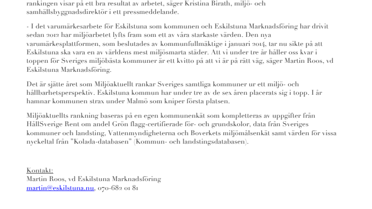 Eskilstuna behåller topplacering i miljöranking
