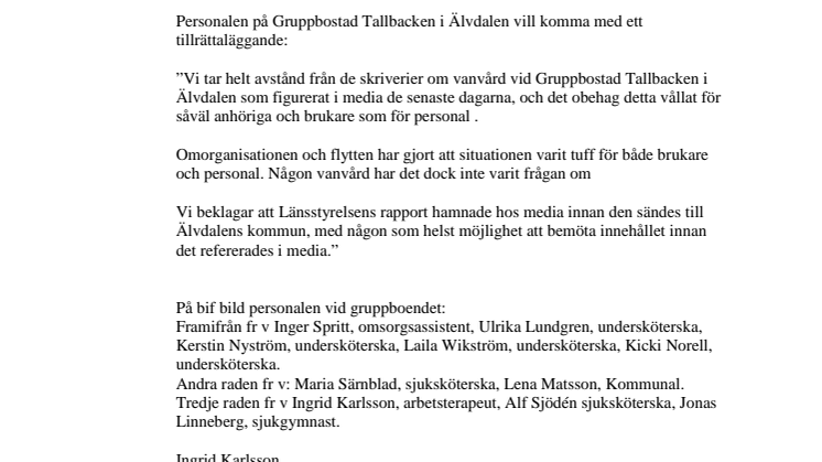 Tillrättaläggande Gruppbostad Tallbacken Älvdalen