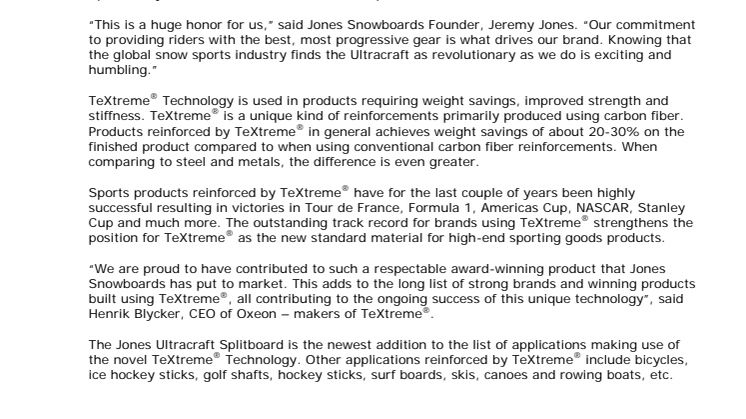 Jones Snowboards wins ISPO award for board reinforced by TeXtreme®