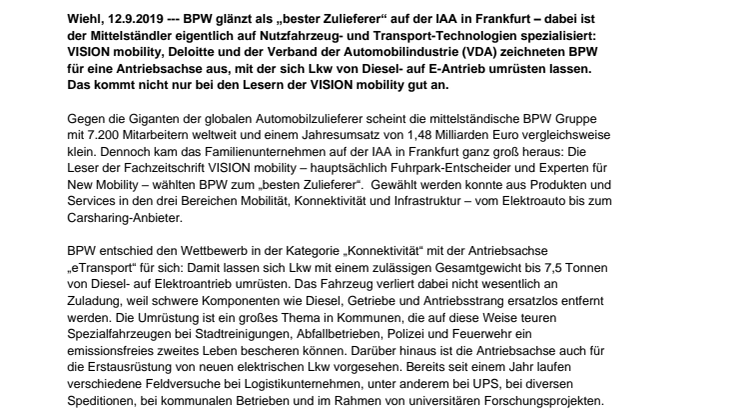 VISION mobility-Leser wählen BPW zum „besten Zulieferer“