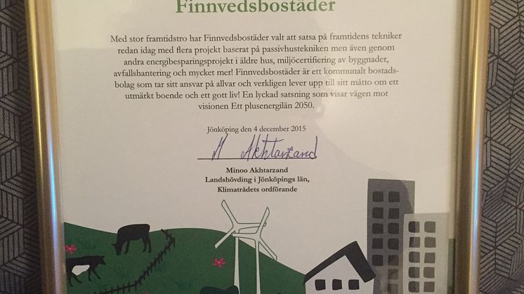 Finnvedsbostäder får klimatrådets hedersomnämnande. 