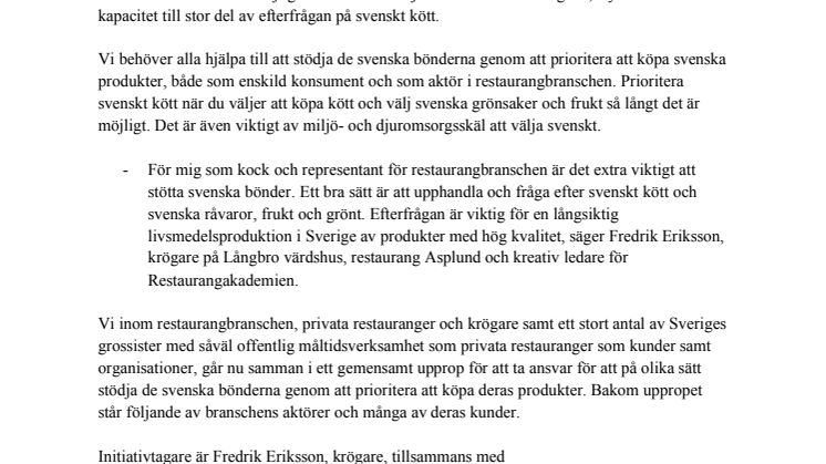 Restaurangbranschen i gemensamt upprop för att öka efterfrågan på svenska råvaror 