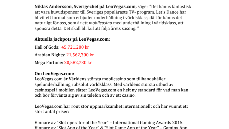 LeoVegas.com är stolt sponsor av Let’s Dance! 