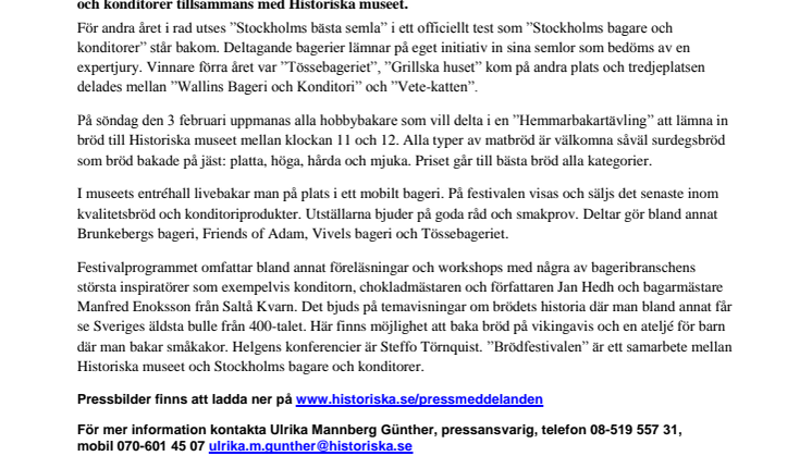 Brödfestival på Historiska museet – ”Stockholms bästa semla” utses av bageribranschen