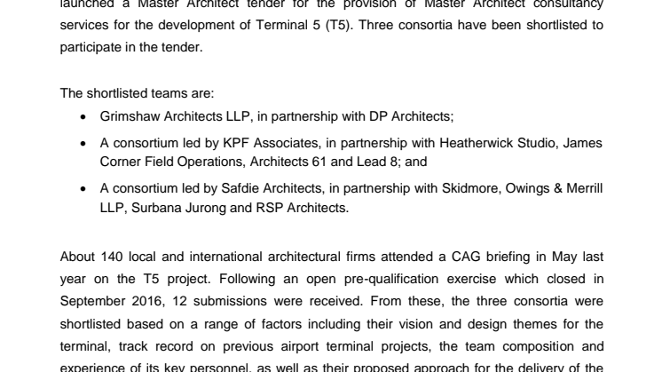 Launch of Master Architect tender for Changi Airport Terminal 5