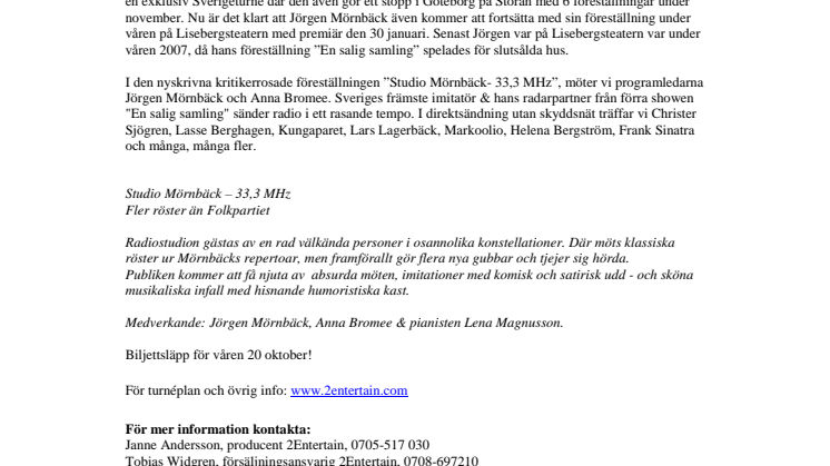 Jörgen Mörnbäck- tillbaka till Göteborg och Lisebergsteatern!  