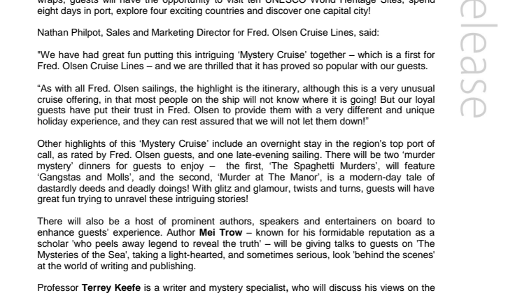 Last chance to book on Fred. Olsen Cruise Lines’ first-ever ‘Mystery Cruise’! 