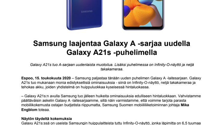 Samsung laajentaa Galaxy A -sarjaa uudella Galaxy A21s -puhelimella