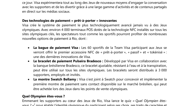 Visa fête 30 ans de partenariat olympique en lançant de nouvelles technologies de paiement « prêt-à-porter »